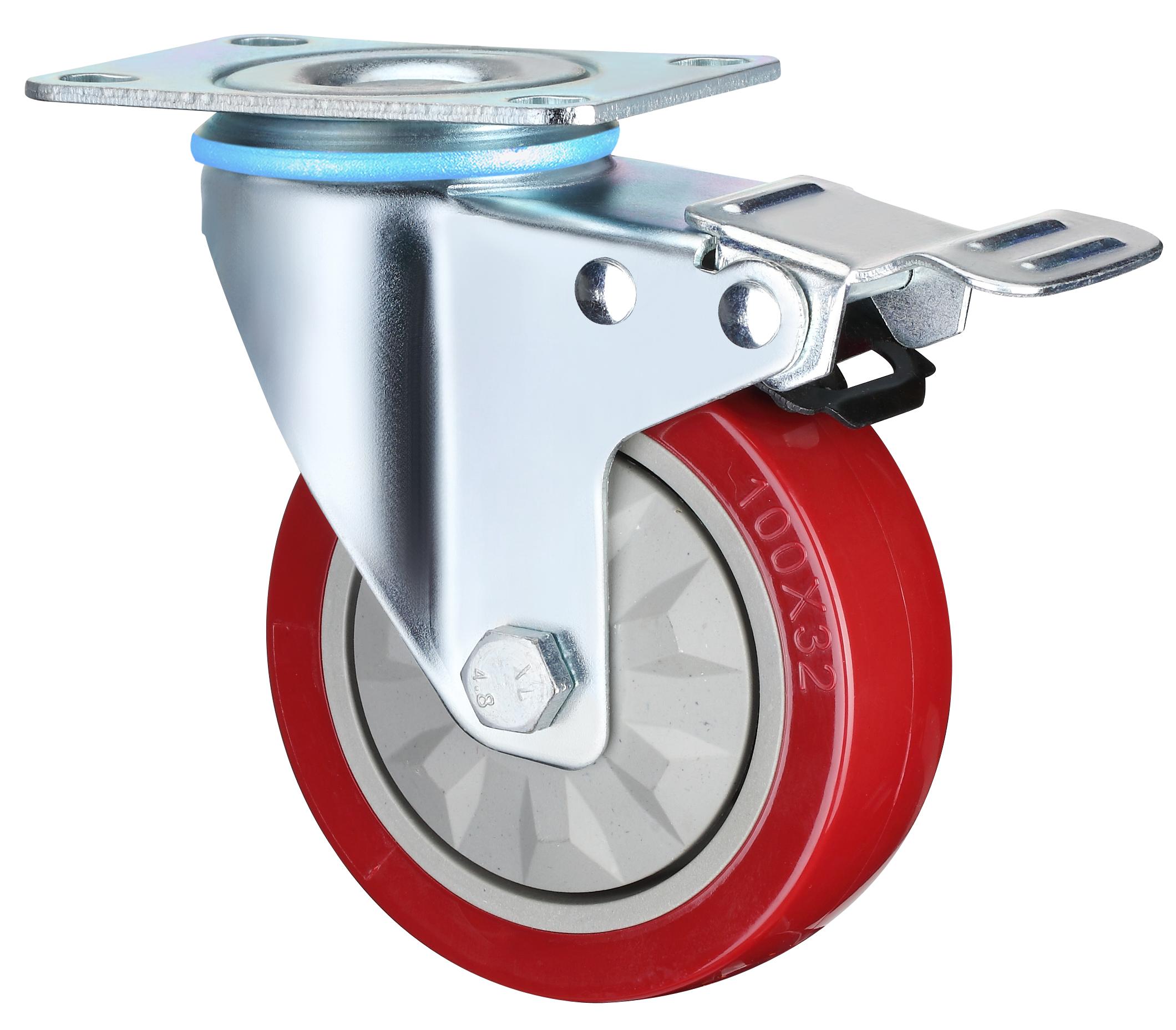 Waterproof Medium Plate Rotating Signle Bearings Red PVC with Brake Hand Trolley Caster 