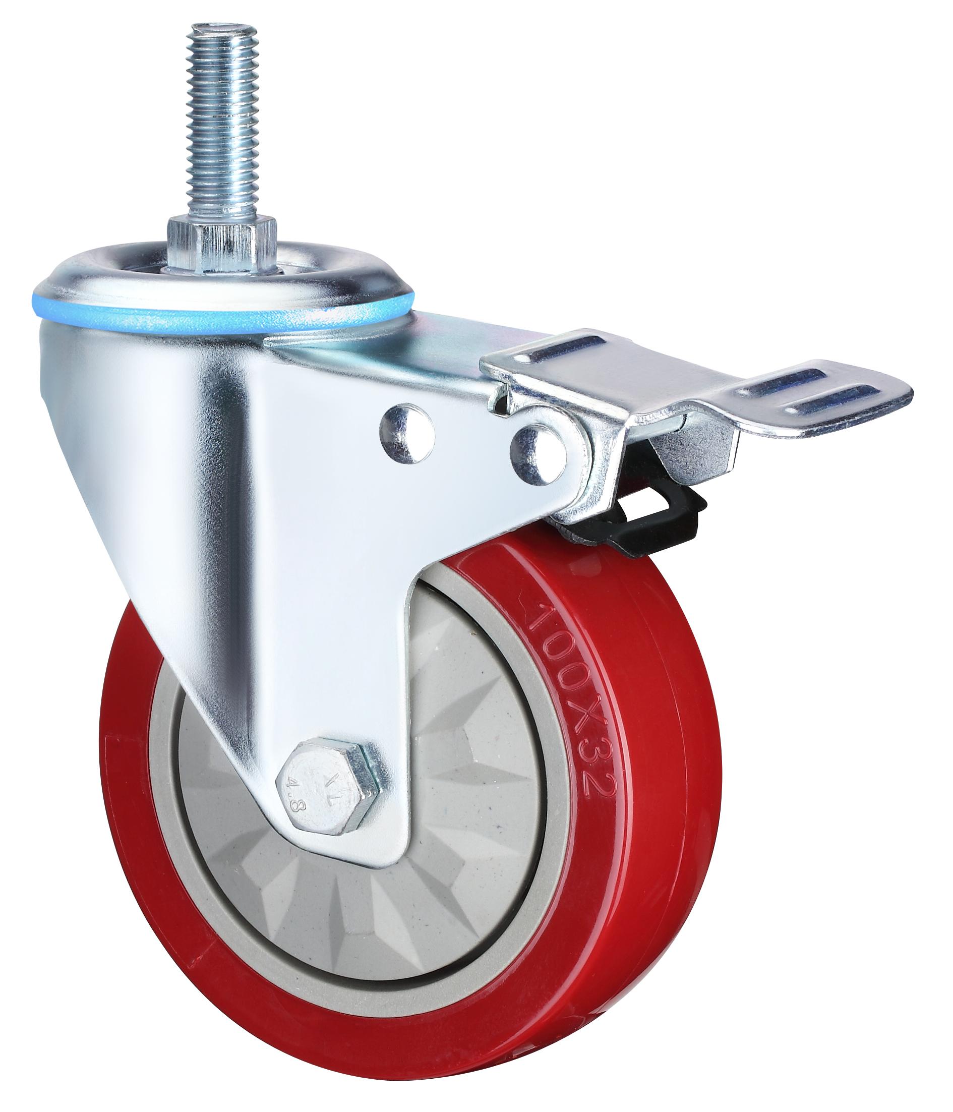 Waterproof Medium Plate Rotating Signle Bearings Red PVC with Brake Hand Trolley Caster 