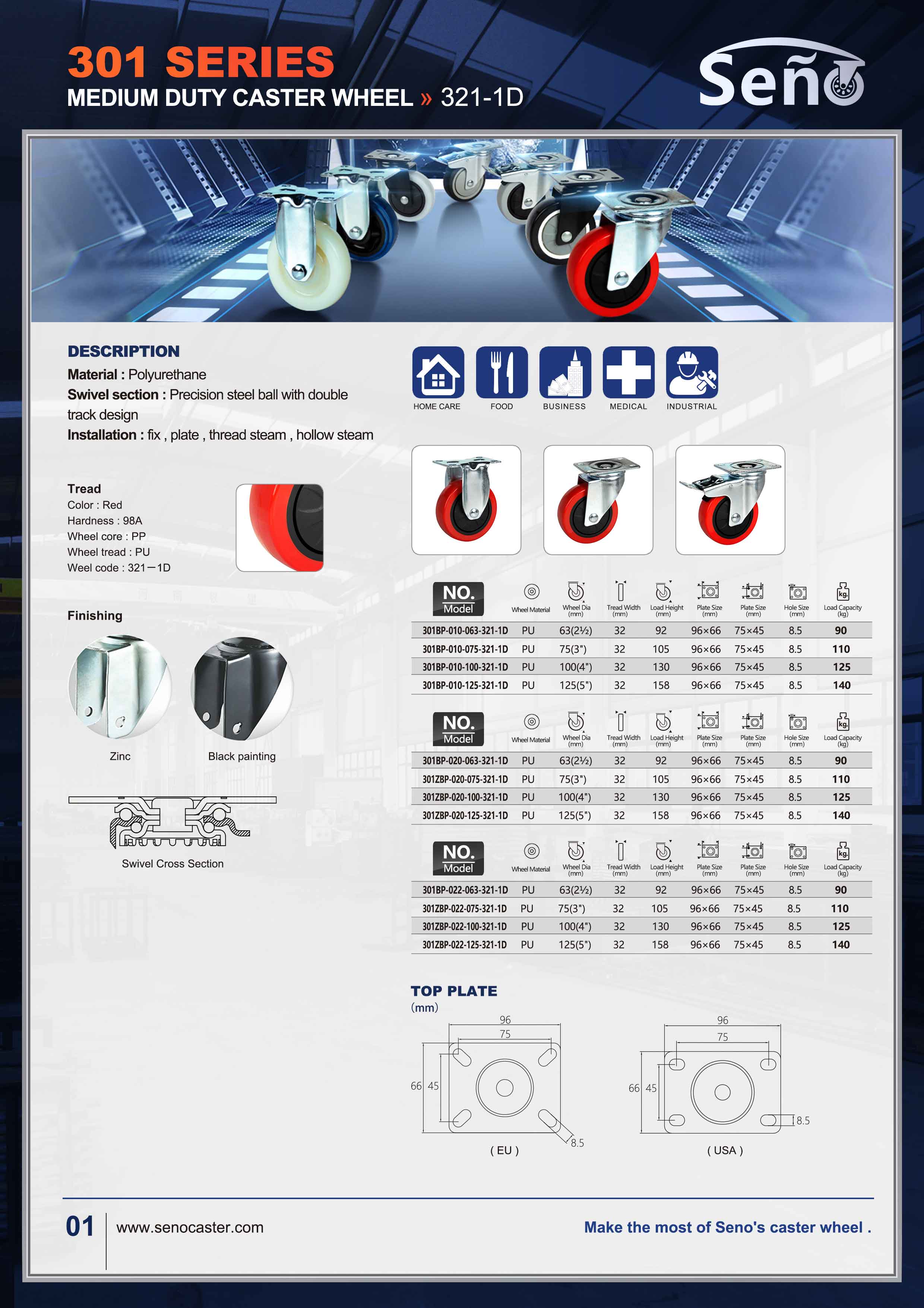 Medium signle bearings Red PU with brake hand trolley caster wheel