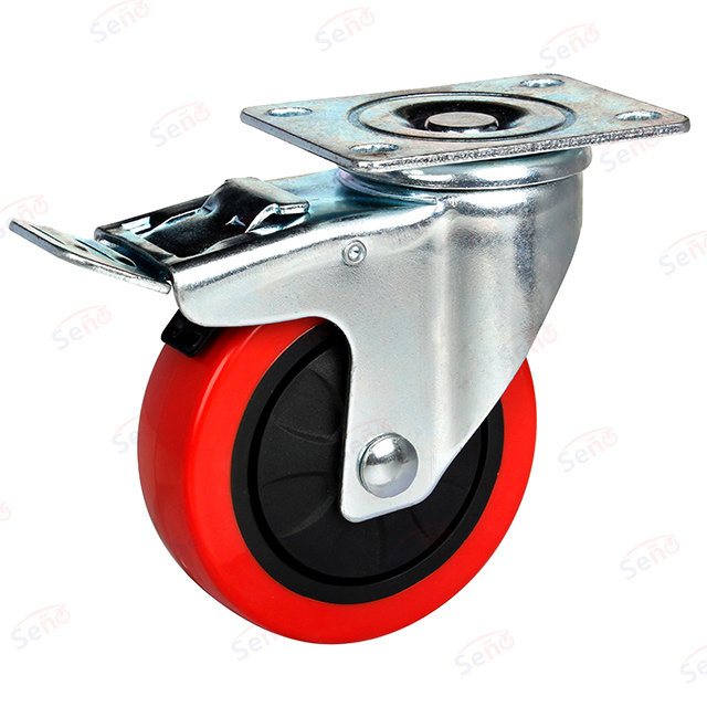 Medium signle bearings Red PU with brake hand trolley caster wheel