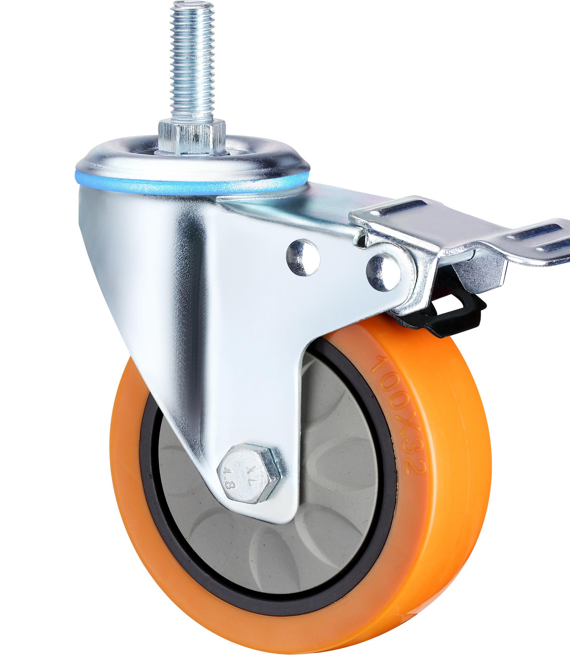 Waterproof Medium Plate Swivel Signle Bearings Red PU with Brake Hand Trolley Caster 
