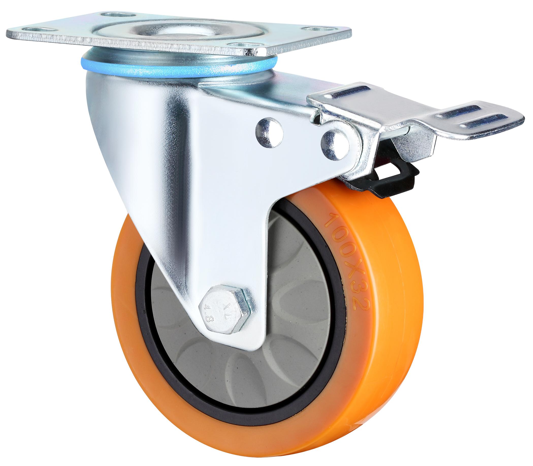 Waterproof Medium Plate Swivel Signle Bearings Red PU with Brake Hand Trolley Caster 