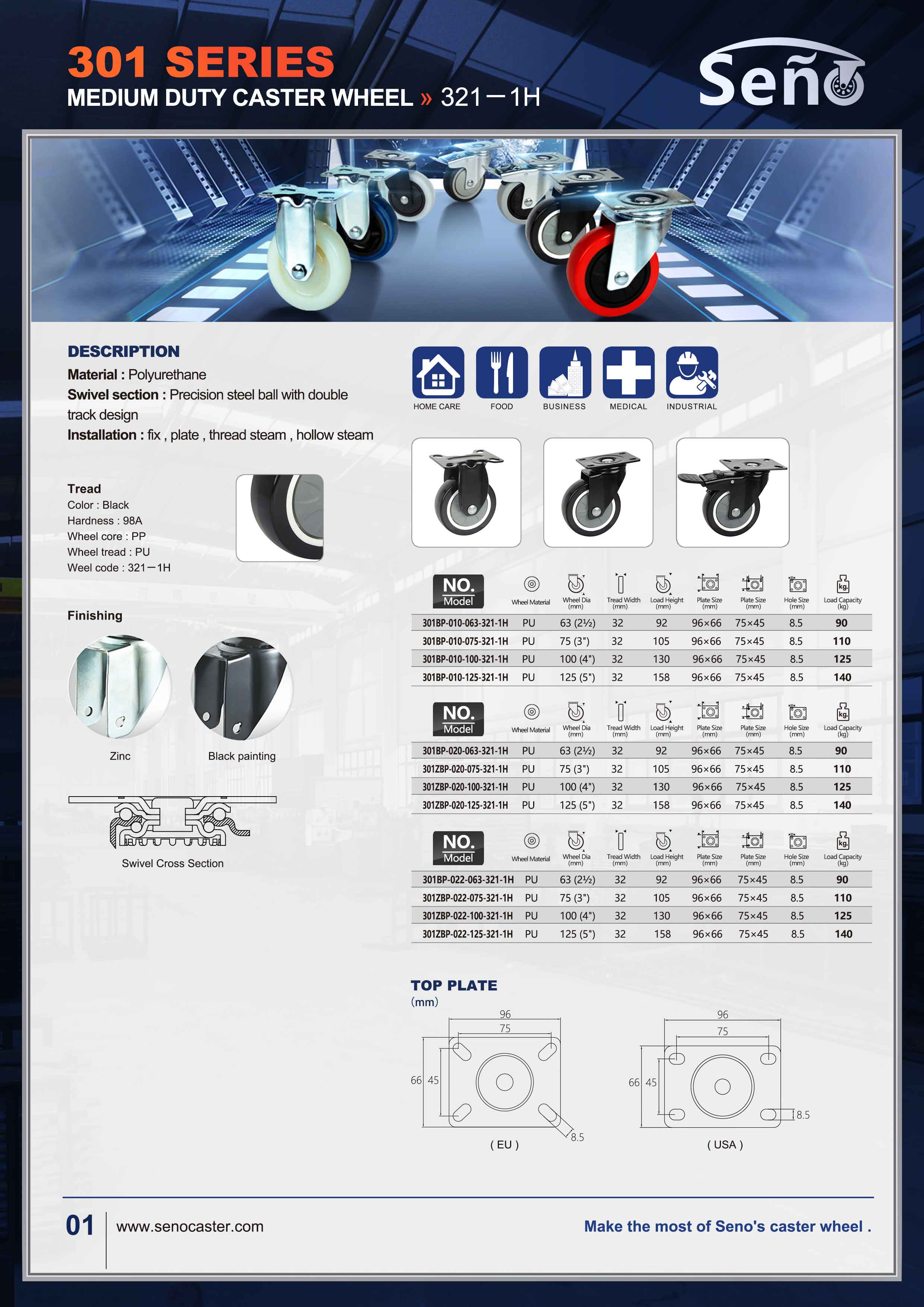 Medium duty signle bearings Black PU Fix material handling caster wheel